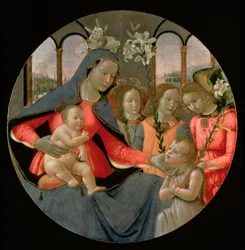 Szűz és gyermek Keresztelő Szent Jánossal és a három arkangyallal, Rafaellel, Gábriellel és Mihállyal (tempera a panelen)